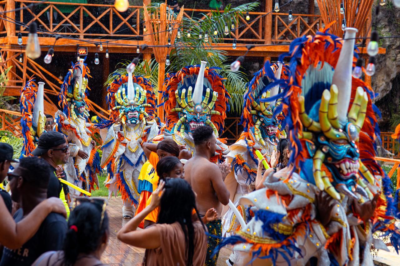 Dominican carnival performers in traditional Diablo Cojuelo costumes